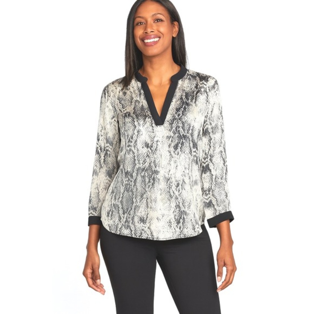 Zara Basic Snakeskin Print V-Neck Blouse Grey Black Long Sleeve Top M Boho 62-31